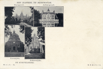 14002 Collage van gezichten te Renswoude:- De voorgevel van het kasteel Renswoude.- De achtergevel van het kasteel ...